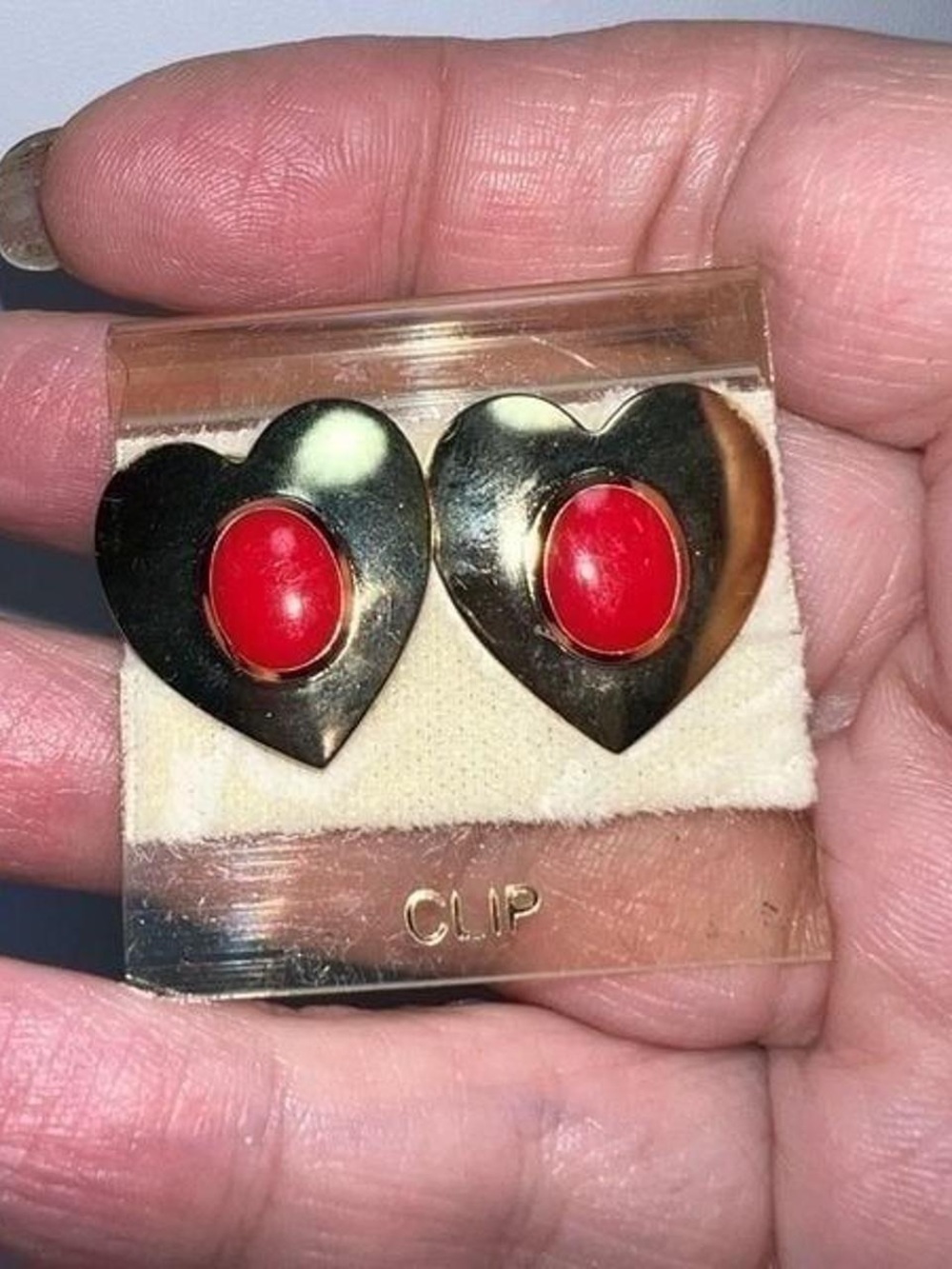 Gold Heart Clip-On Earrings with Red Cabochon